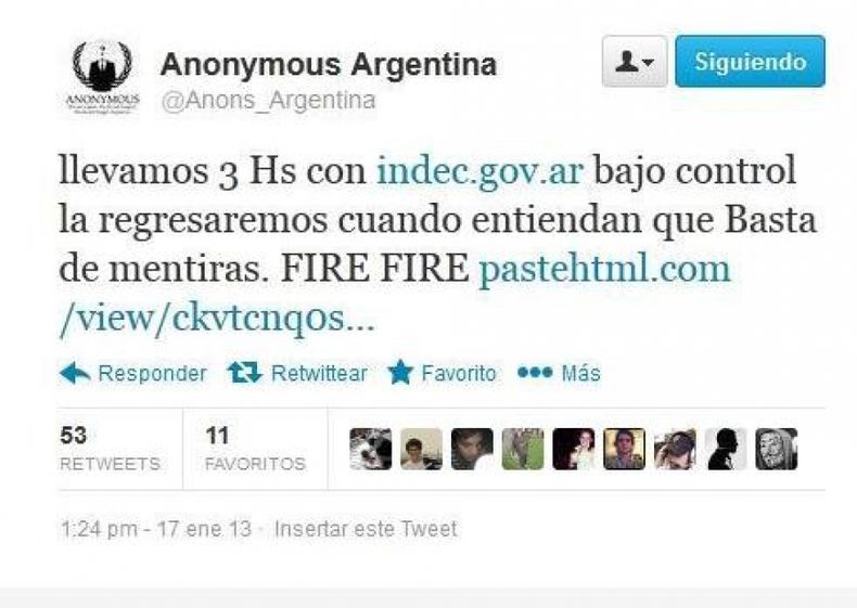 Anonymous interfirió la página del INDEC en desacuerdo con índices de inflación